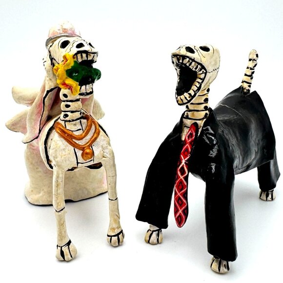 Calavera Novios Dogs Retablo Skeleton Newlywed Bride Groom Painted Plaster - Picture 1 of 9